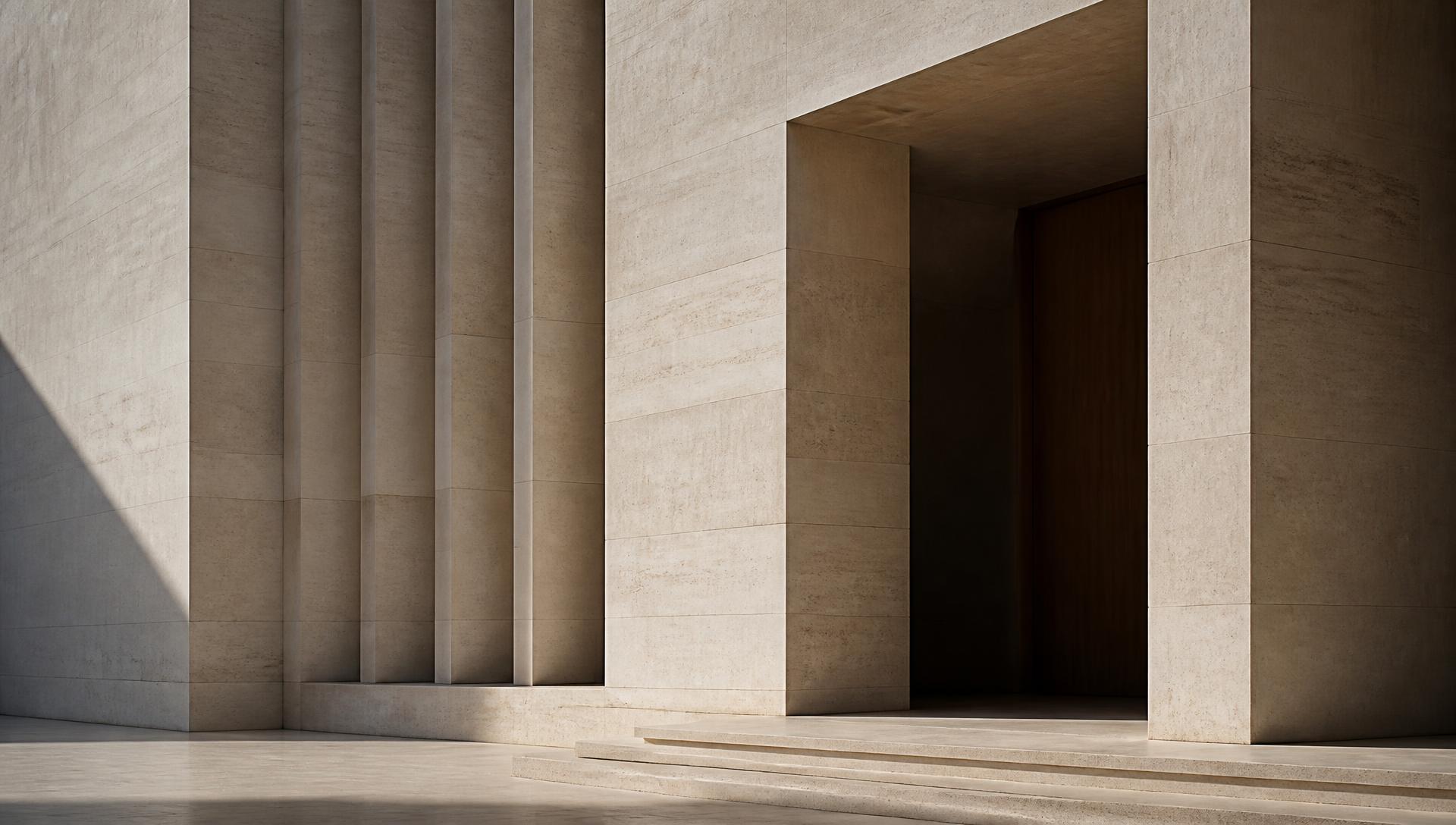 Monolithic limestone facade with deep vertical fins in raking sunlight
