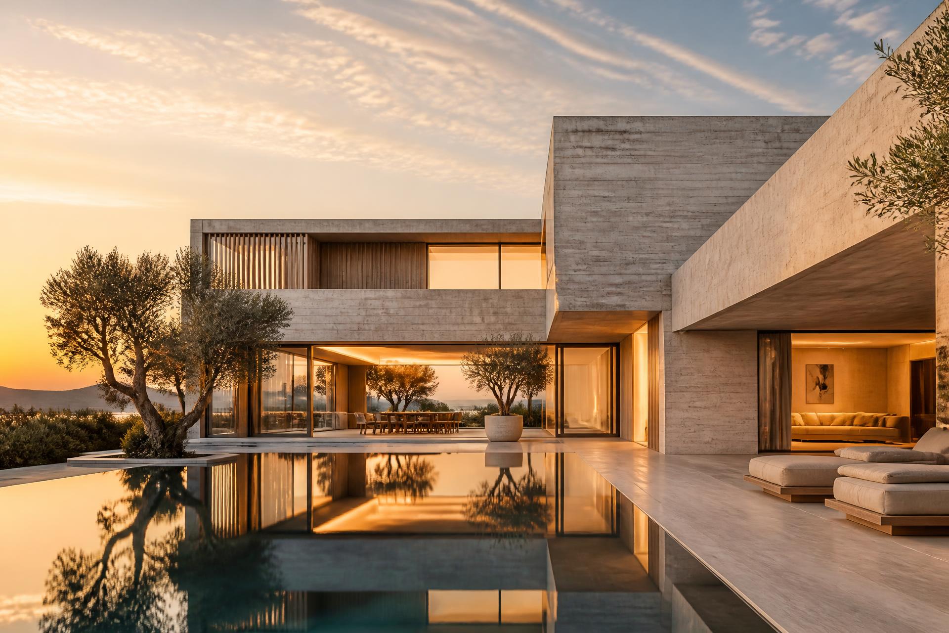 Golden-hour view of a minimalist travertine and concrete villa mirrored in a still reflecting pool