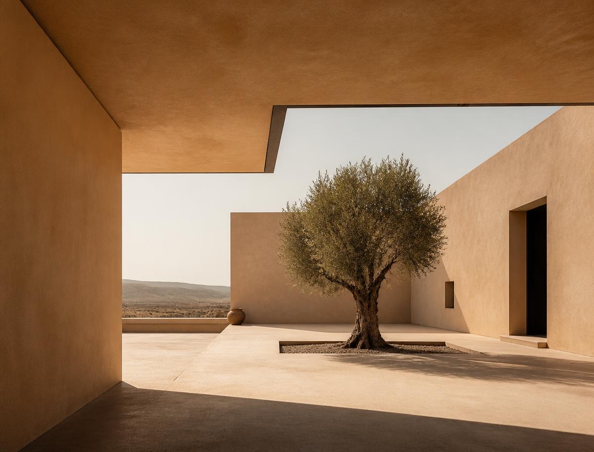 Sand-toned courtyard of a minimalist desert residence with a single olive tree