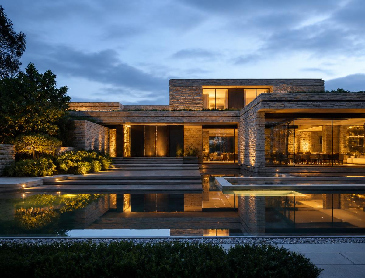 Contemporary stone residence at twilight reflected in a still pool