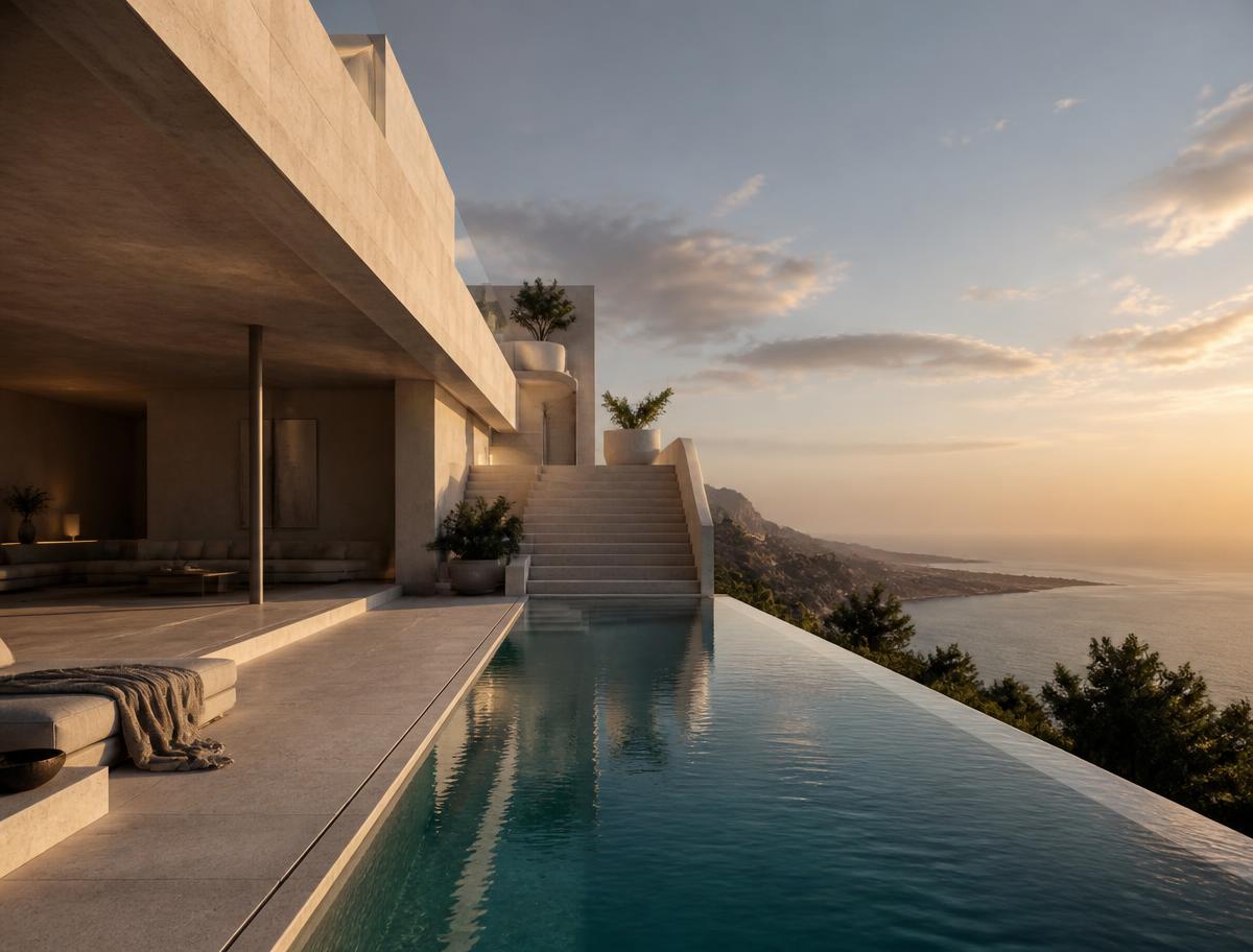 Luxury villa terrace with infinity pool overlooking a coastline at golden hour